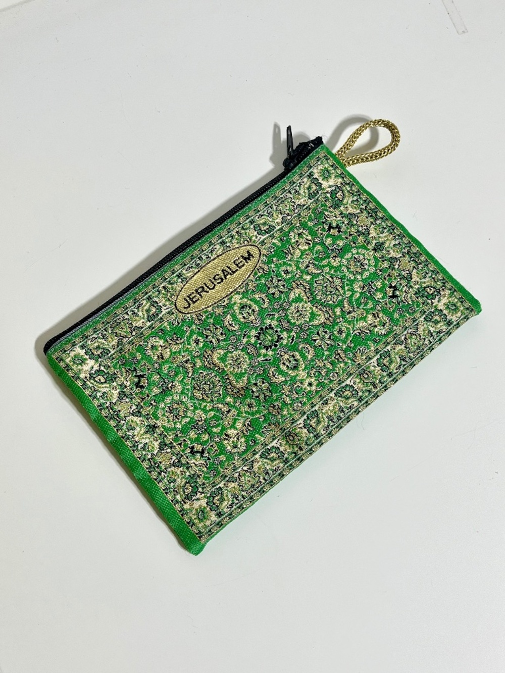 Jerusalem Tapestry Zipper Pouch • Green & Gold Woven Coin Purse
